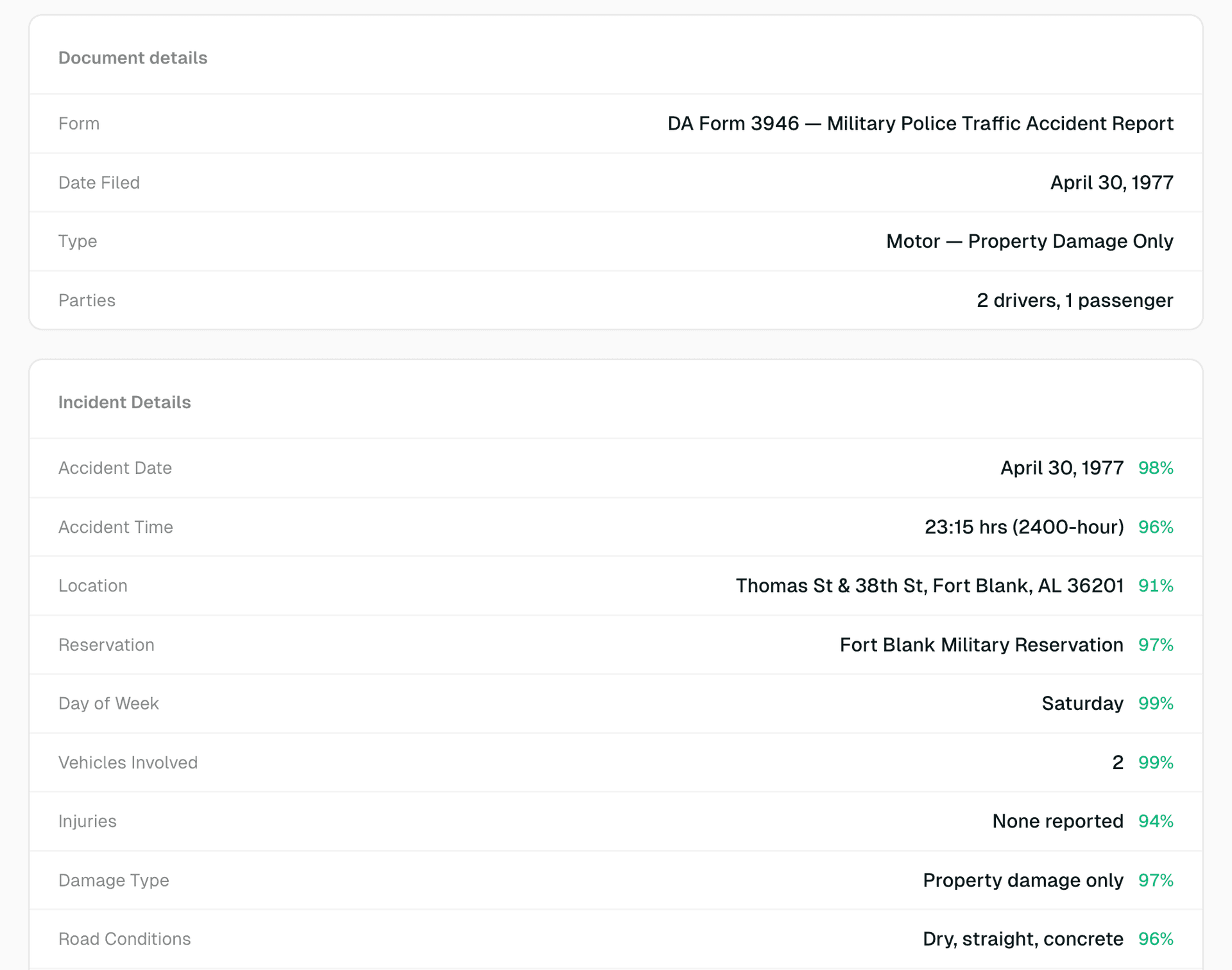 Handwritten accident report form